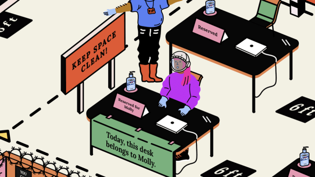 The header image features an illustration of someone at a temporary desk.