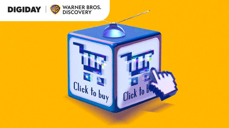 Illustration of a clickable TV-shaped cube with shopping cart icons and “Click to buy” text, representing shoppable ads on connected TV.